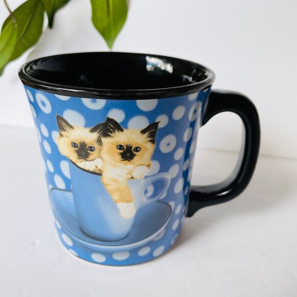 Keith Kimberlin Siamese Kittens Cat Polka Dot Mug Coffee Tea Cup Blue White - Picture 4 of 7
